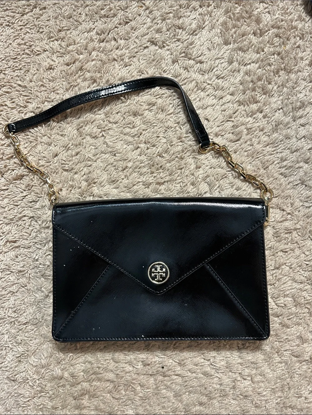 Tory Burch Black Leather Envelope Shoulder Bag with Gold Logo